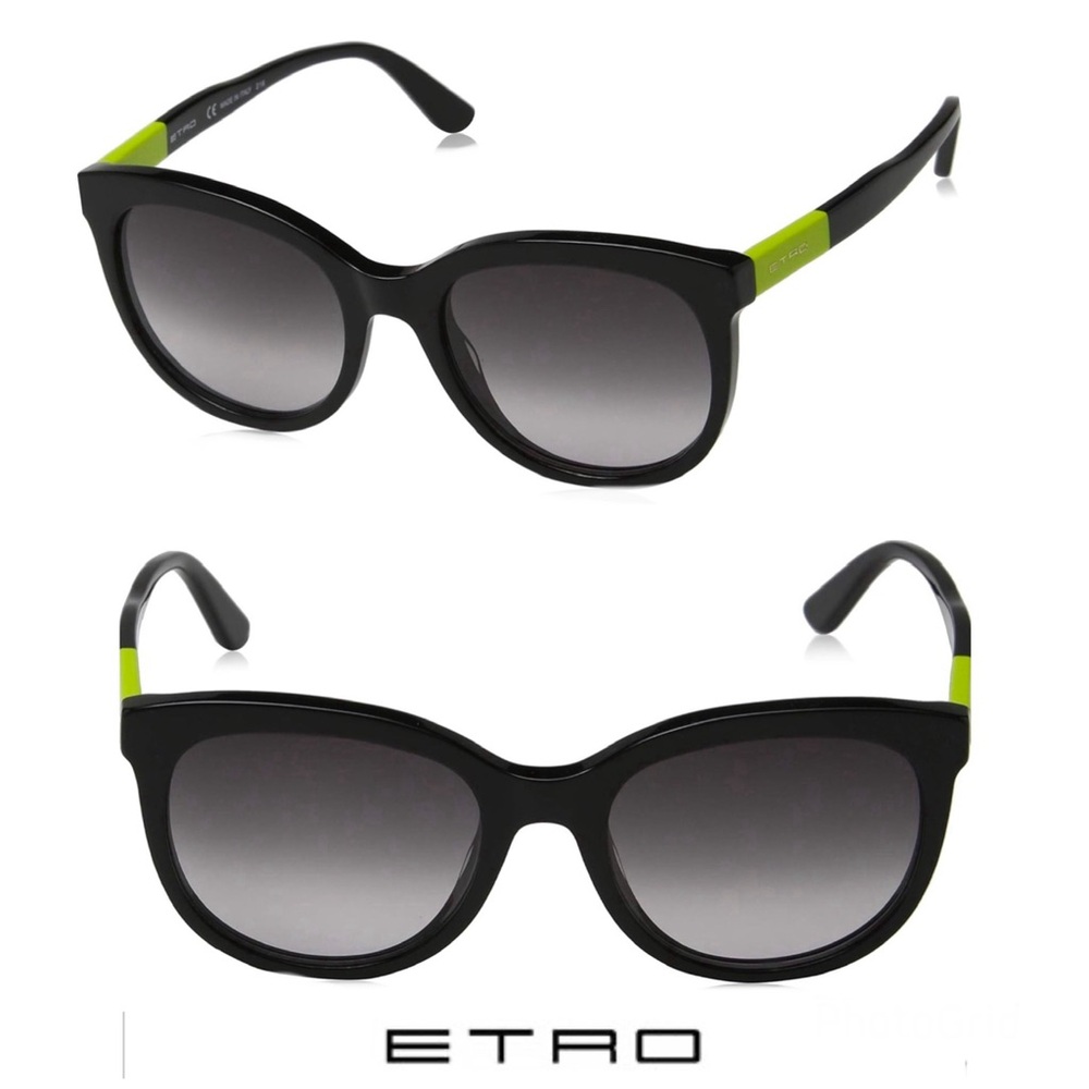 ETRO ET632S 010 Black Cat Eye Style Lenses Black Neon Green Frame Sunglasses